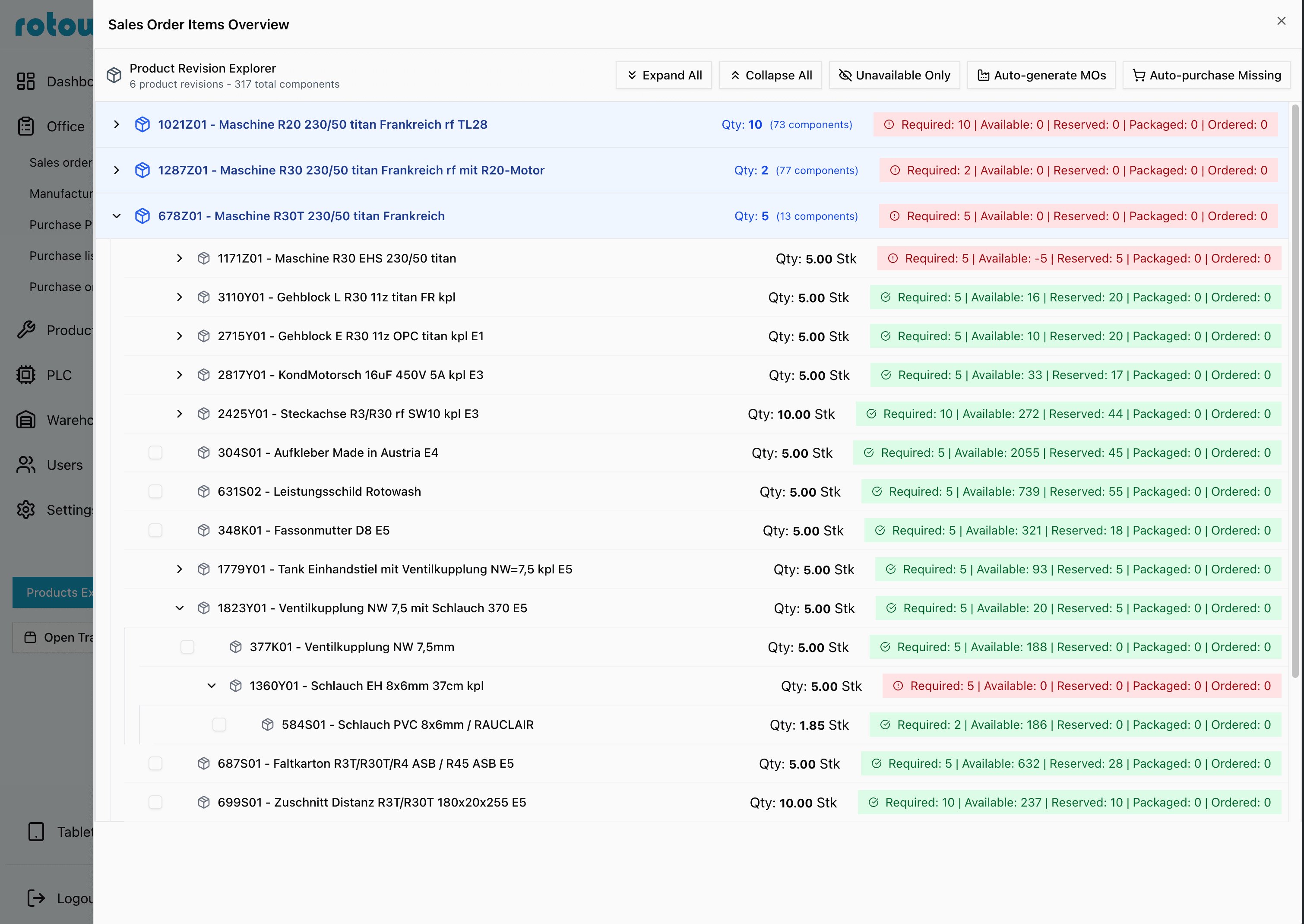 Rotowash Product Revision Explorer with BOM availability