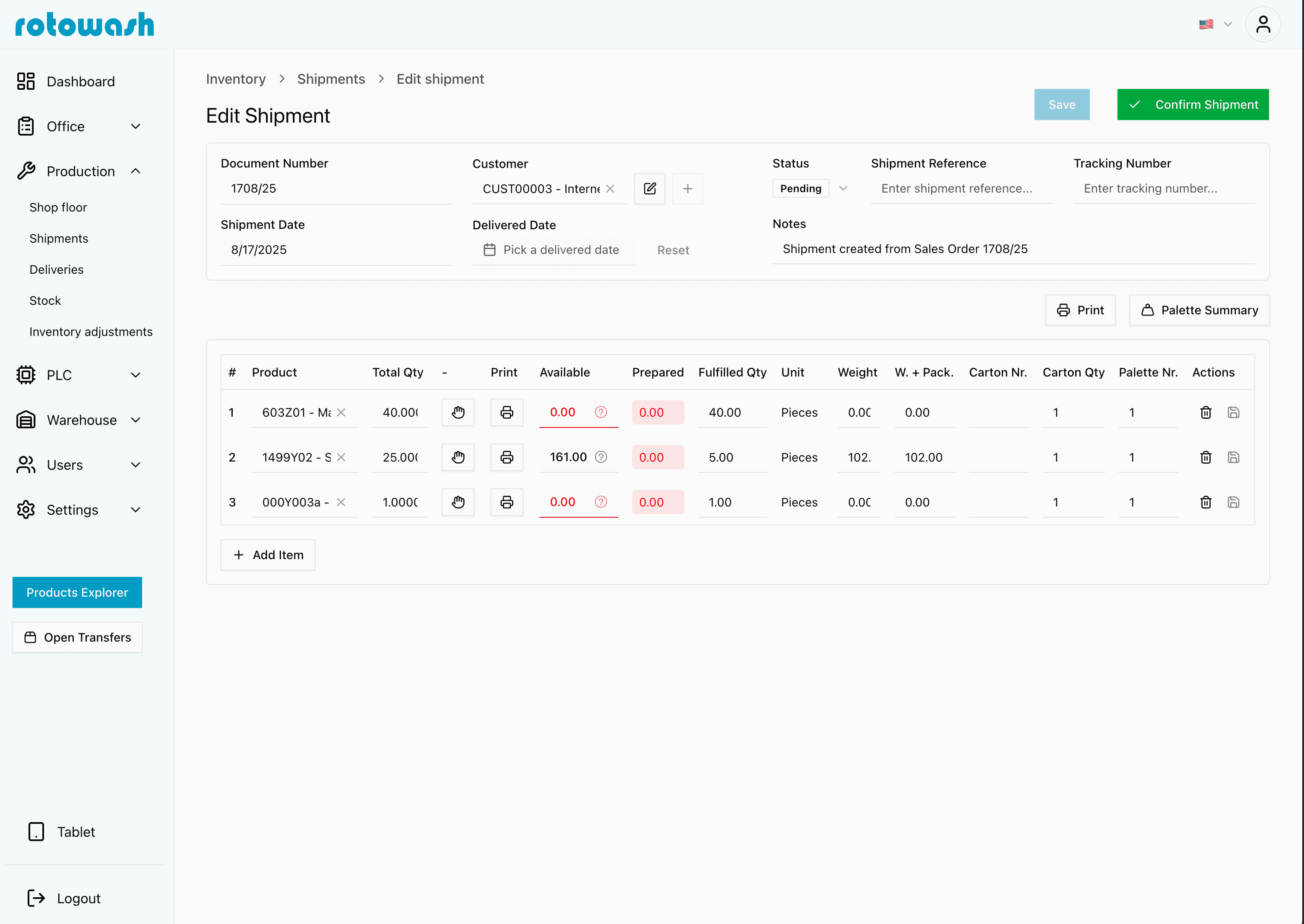Shipment editing interface