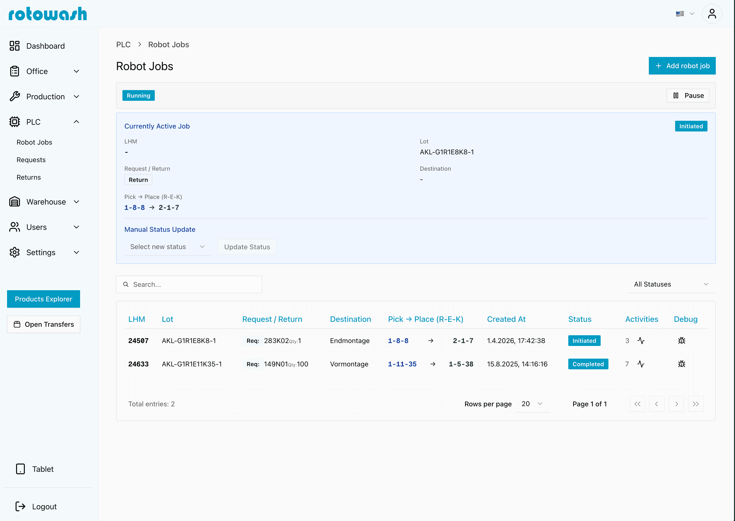 Rotowash robot job interface with active job tracking