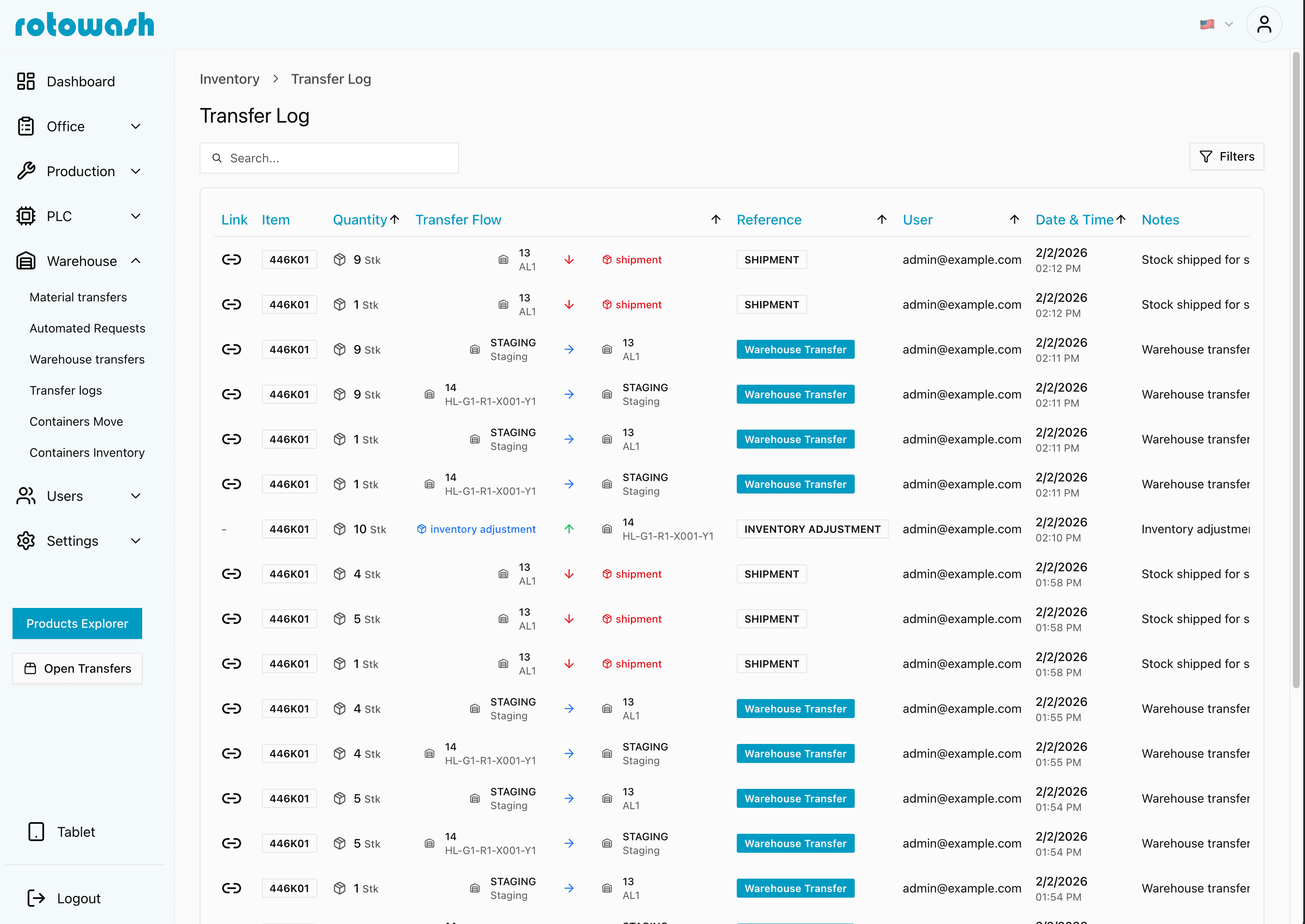 Transfer log with material movements