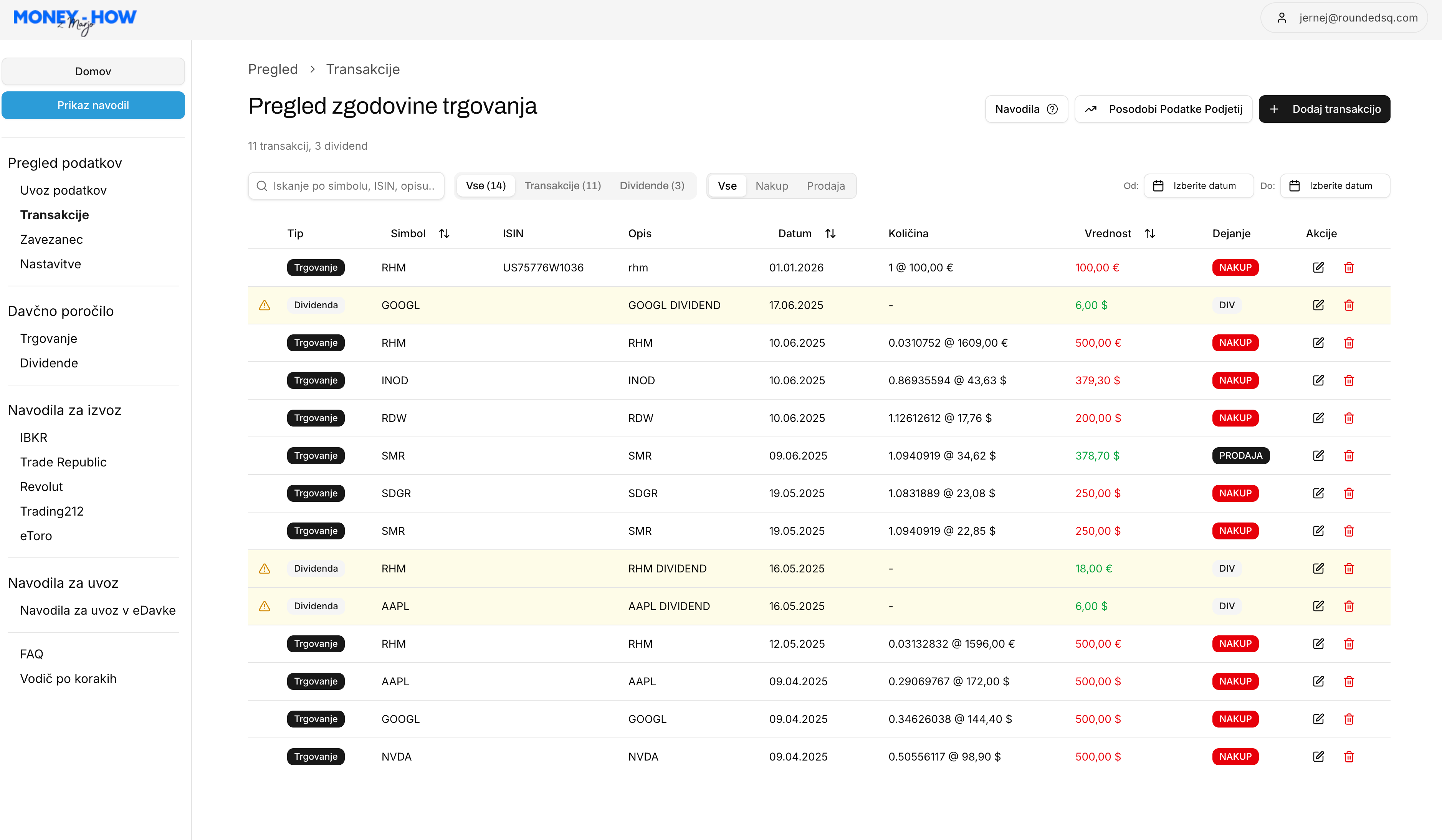 Taxistent transaction list with multi-broker trades and dividends